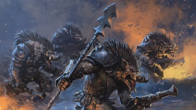 A group of fierce, anthropomorphic boars clad in rugged armor and wielding weapons, including a large, spiked spear, charge forward in a dynamic battle scene. Their muscular forms are accentuated by spiky fur and menacing expressions, showcasing their readiness for combat. In the background, additional boars can be seen, adding to the chaotic atmosphere of the illustration, which features dark, smoky tones and hints of fiery orange, suggesting a tumultuous battlefield.