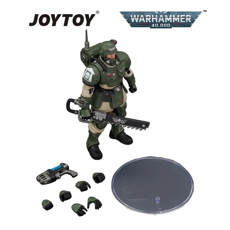 Green-armored Warhammer 40,000 action figure with helmet, backpack, and large chainsword, plus accessories and base.