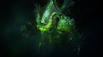 A towering 80mm warjack named Deathjack, characterized by its dark, menacing design, stands prominently in the image. Its body is adorned with spikes and skulls, featuring glowing green accents that enhance its intimidating presence. The background is dark and atmospheric, suggesting a foreboding environment fitting for this soul-hungry terror.