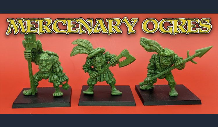 Three green ogre miniatures stand on black bases against a vibrant orange background. Each ogre has a distinct pose: the leftmost holds a staff, the center ogre wields an axe, and the rightmost brandishes a spear. They are adorned with details reminiscent of classic oldhammer styles, featuring exaggerated facial features and playful, dynamic designs. The text "MERCENARY OGRES" is prominently displayed above them in a bold, stylized font.