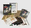 A starter set for Achtung! Cthulhu is prominently displayed, featuring a box with dynamic artwork depicting soldiers and a monstrous creature. Surrounding the box are various game components, including character sheets, maps, tokens, and rule summaries, all designed for gameplay. The materials showcase a mix of thematic elements from World War II and Lovecraftian horror, emphasizing the game's unique setting and mechanics.