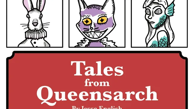 "Tales from Queensarch By Jesse English" with 9 illustrated character portraits in a grid.