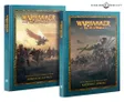 Two closed books titled "Warhammer: The Old World". Left cover shows fantasy battle with armored soldiers and a flying creature; text reads "Forces of Fantasy". Right cover depicts a dragon-like beast and warriors; text reads "Ravening Hordes".