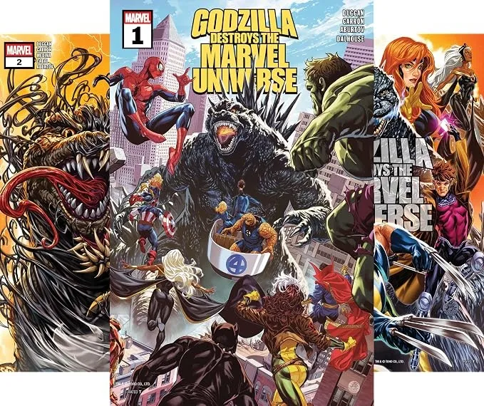 "Godzilla Destroys the Marvel Universe" comic cover with Godzilla and Marvel heroes.