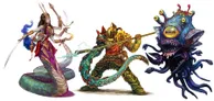 A fantasy warrior in ornate armor and helmet, holding a spear, stands poised in combat. A large, multi-eyed monster with jagged teeth and tentacles lunges toward the warrior. A smaller, serpentine creature with glowing eyes coils around the warrior’s leg.