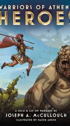 The image features two book covers from the "Warriors of Athena" series by Joseph A. McCullough. On the left, "Warriors of Athena: Heroes" showcases a heroic figure in armor wielding a spear, facing a large, menacing creature, set against a vibrant blue sky. On the right, "Warriors of Athena: Quests" depicts a group of characters aboard a ship, with one character holding a spear and others preparing for adventure, surrounded by swirling waves and a dynamic background. Both covers are illustrated by Hazem Ameen and prominently display the title and author’s name.