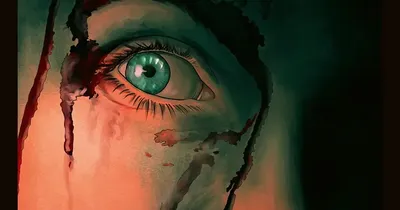 Close-up of a face in profile, blood dripping from mouth and nose, one visible green eye. White text above reads: "DON'T SPEAK!" Dark, eerie background.