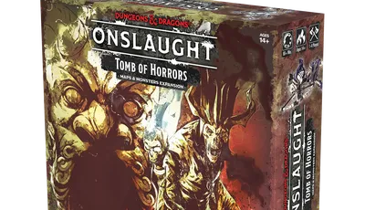 A box for the "Dungeons & Dragons Onslaught: Tomb of Horrors - Maps & Monsters Expansion" features dramatic artwork depicting a menacing demilich and various monstrous figures. The box is predominantly dark with splashes of color, showcasing intricate details of the characters and elements from the dungeon. The title "ONSLAUGHT" is prominently displayed at the top, along with the subtitle and branding for Wizkids.