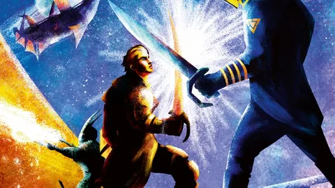 A futuristic scene with two characters in combat. The character on the left, wearing a yellow outfit, wields a glowing energy sword. The character on the right, in a blue and yellow suit with a helmet, holds a similar glowing weapon. In the background, a sleek starship with a glowing engine flies through a starry cosmos. The text at the top reads "COSMIC CORSARIS Fly Starships. Wield Cosmic Power. Fight a Brutal Regime."