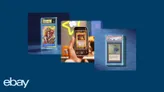 Graded trading card in a case, hand holding phone scanning a Pokémon card, eBay logo.