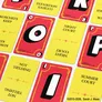 Five game cards with large black letters on red and yellow backgrounds. Visible text: "KOSCHEI'S KEEP," "NIGHT COURT," "LUCIN'S GOLDEN EYE," "SUMMER COURT," "NOT YIELDING," and "PRIORITIES" logo with small stars. ©2015-2026, Sarah J. Maas.