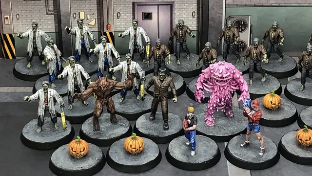 A collection of 30mm scale resin miniatures from the "Monsters Invaded My Town" set features various characters, including 16 zombies, a Frankenstein figure, a Sludge creature, a Werewolf, and two heroes. The scene includes five pumpkin spawn points, with the miniatures displayed on 32mm black plastic bases. The background shows a stylized urban environment, enhancing the thematic elements of the game.