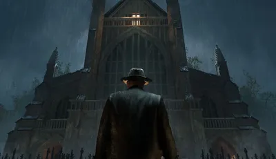 A figure in a dark coat and hat stands with their back to the viewer, facing a large, gothic-style church illuminated by a single light in the upper window. The scene is set in a rainy atmosphere, with droplets visible in the air, and the church is surrounded by a wrought-iron fence, adding to the ominous ambiance. The overall color palette is dark and moody, enhancing the sense of mystery and foreboding.