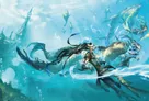 A fantasy figure with long dark hair and flowing robes rides a large, mythical sea turtle-like creature through deep blue water. Bubbles and small fish surround them. No readable text.