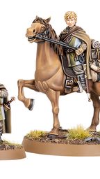 A miniature figure of Lief, a page from Rohan, stands beside a mounted version of himself on a brown horse. The standing figure is dressed in a green and brown cloak, holding a satchel, while the mounted figure wears similar attire and holds the reins of the horse. Both figures are set on a base with tufts of grass and small rocks, emphasizing their connection to the Rohan landscape.