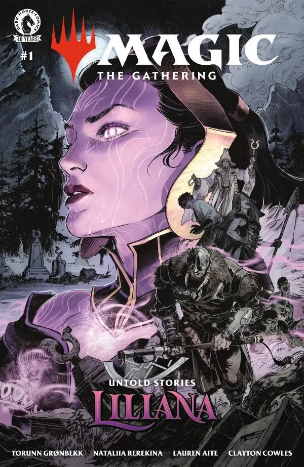 Liliana Vess in armor, surrounded by undead and a graveyard. Text: "UNTOLD STORIES"