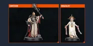 The image features two miniatures from the upcoming Kill Team expansion, Blood and Zeal. On the left is the Confessor, a robed figure adorned with intricate details, holding a staff topped with a skull and a glowing orb, symbolizing authority and devotion. On the right is the Miraculist, depicted in a flowing white garment with a sunburst headdress, exuding an aura of zealotry, with arms raised as if in a fervent display of faith. Both figures are intricately designed, showcasing the rich lore and aesthetic of the Ecclesiarchal faction.