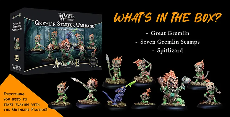 A collection of miniatures features a Great Gremlin and seven Gremlin Scamps, each with distinct designs and vibrant colors, showcasing their mischievous nature. A Spitlizard, a small creature with a long tail and bright colors, is also included in the lineup. In the background, a box displays the text 