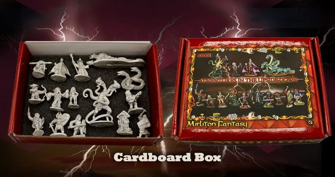A red cardboard box labeled "Adventures in the Upside-Down" features colorful artwork depicting various fantasy miniatures, including characters and creatures. Next to it, an open box reveals a collection of 14 unpainted miniatures, including a Demogorgon and other figures, arranged on a black foam insert. The background has a dark, stormy theme with lightning effects, enhancing the fantasy atmosphere.