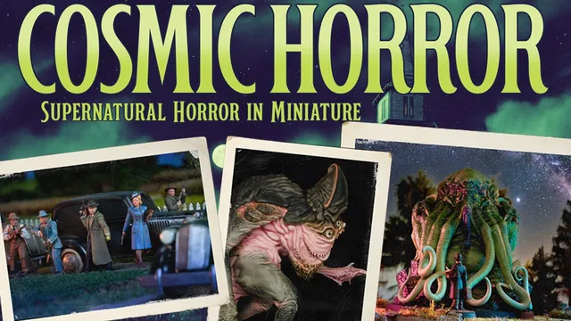 The image features the title "COSMIC HORROR" prominently at the top, with the subtitle "Supernatural Horror in Miniature" below it. Surrounding the title are several vintage-style photographs depicting scenes from the game: a group of characters, including men in suits and a woman in a blue dress, stand near a classic car, while monstrous entities loom in the background. The overall color scheme is dark and atmospheric, evoking a sense of mystery and horror typical of the 1930s Cthulhu Mythos.