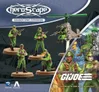 A collection of G.I. JOE miniatures is displayed prominently, featuring several figures in green uniforms, representing the Greenshirts army. Among them are characters holding weapons and one figure seated in a helicopter, which has a green rotor. The packaging includes the title "Heroscape" and "G.I. JOE: Greenshirts and Battle Copter," along with logos from Renegade Game Studios and Avalon Hill. The background features a textured design, enhancing the overall presentation of the set.