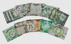 A semi-circular arrangement of illustrated map tiles for a fantasy tabletop game. The tiles depict various environments and structures, including a circular chamber with a central dais, a maze-like interior with orange carpeting, a checkered floor hall with pillars, a circular stone amphitheater with tiered seating, a grassy area with a small pond, a building with a green roof surrounded by trees, a circular room with a large circular table, and a room with a tiled floor and circular platforms. Each tile has distinct architectural and natural elements, designed for modular assembly.
