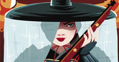 Woman in samurai armor and large hat holding a rifle, text "Thousand Arrows" above.
