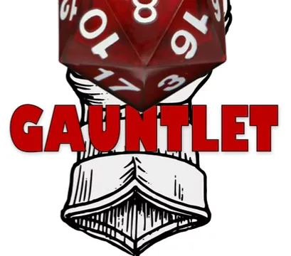 A red twenty-sided die (d20) is prominently held in a fist, symbolizing gaming and adventure. Below the die, the word "GAUNTLET" is displayed in bold red letters. The background features a stylized illustration of a hand wearing a sleeve, emphasizing the theme of tabletop gaming.