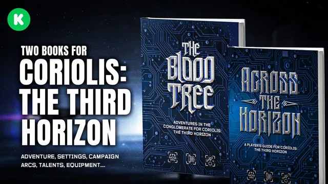 Two books: "Coriolis: The Third Horizon" and "The Blood Tree" with circuit-like cover art.