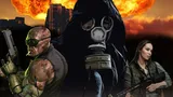 Three characters stand in a post-apocalyptic setting with large explosions and smoke billowing in the background.

On the left, a muscular person with a cybernetic left arm and left eye wears a gas mask hanging around their neck. They are crouched, holding a large firearm with a scope and a grenade launcher attached.

In the center, a tall figure in a tattered cloak with a gas mask covering their face stands upright. The mask has a skull-like design with glowing white eyes.

On the right, a woman with long dark hair sits on the ground, holding a rifle across her lap. She wears a green jacket and a belt with pouches.

In the foreground, a small tracked robot with a skull symbol on its front panel displays a screen with three blue bars. The robot has various mechanical components and attachments.