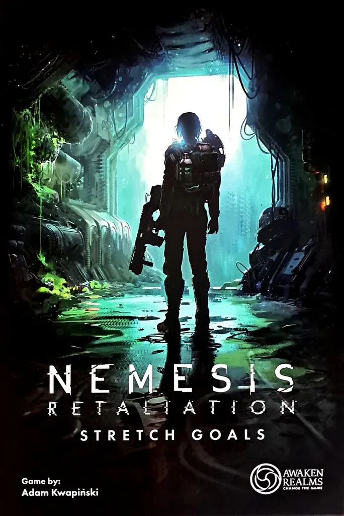 A person in a futuristic suit and helmet stands in a dimly lit, industrial corridor with green lighting. The floor is wet, reflecting the surroundings. The person holds a large weapon over their right shoulder. The background includes pipes, machinery, and overgrown vegetation. The text "NEMESIS RETALIATION" is prominently displayed at the bottom in white, capital letters.