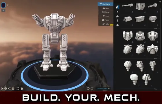 A 3D model of a mech stands prominently on a circular base, showcasing a robust design with multiple arm-mounted weapons and a detailed cockpit. To the right, a user interface displays various customization options, including mech parts, sizing, pose, and color settings. The background features a gradient sky, enhancing the futuristic theme of the scene.