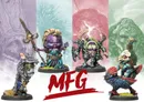 Four whimsical resin miniatures are displayed, representing the Murderous Fish Gnome Mystery Pack Series 2 from Para Bellum Games. On the left, a gnome with a wolf-like appearance stands, while the central figure is a purple-skinned gnome in a flowing gown, holding a staff. To the right, a gnome in mechanical armor features a distinctive design, and the background showcases soft pastel colors, enhancing the fantasy theme. The text "MFG" is prominently featured in bold red at the bottom.