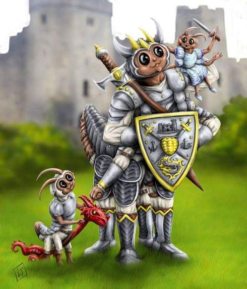 A whimsical illustration features a large, anthropomorphic creature resembling a knight, complete with armor and a crown, holding a shield adorned with a castle emblem. Perched on its shoulder is a smaller creature dressed in blue, while a tiny dragon-like figure stands beside them, also in armor. The background showcases a blurred castle and green grass, creating a playful and fantastical atmosphere.