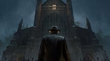 A figure in a dark coat and hat stands with their back to the viewer, facing a large, gothic-style church illuminated by a single light in the upper window. The scene is set in a rainy atmosphere, with droplets visible in the air, and the church is surrounded by a wrought-iron fence, adding to the ominous ambiance. The overall color palette is dark and moody, enhancing the sense of mystery and foreboding.