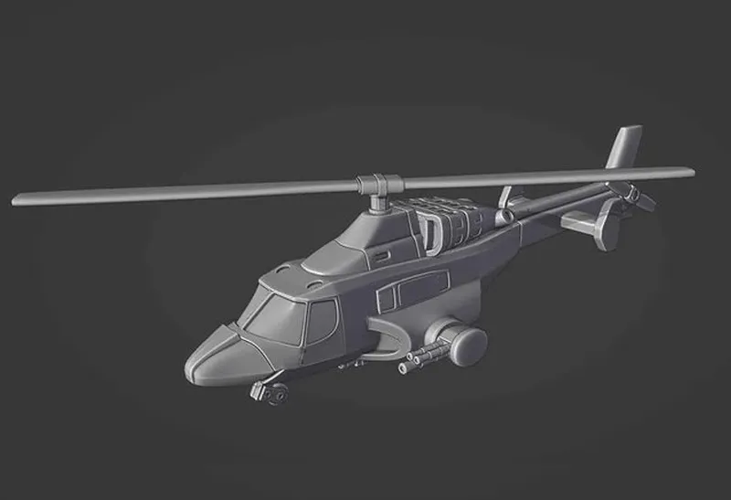 A detailed 3D model of a futuristic VTOL (Vertical Take-Off and Landing) aircraft, resembling a helicopter, is displayed against a dark background. The design features a sleek fuselage with a prominent cockpit, twin rotors on top, and various weapon hardpoints on the sides. The model showcases modular elements, including options for different cockpits and accessories, emphasizing its adaptability for various configurations.