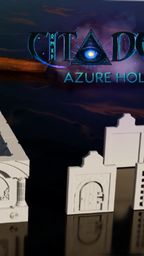 A set of modular dungeon tiles is displayed, featuring intricately designed pieces in a non-PVC material, showcasing a combination of walls and structures. The tiles include a larger piece with arched doorways and decorative elements, alongside smaller components such as a door and various wall sections. The background features the text "CITADELS AZURE HOLD," set against a dark, atmospheric backdrop.