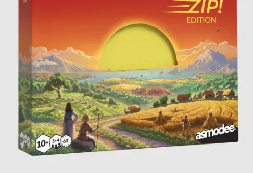 The box for "Catan Zip!" features a vibrant sunset over a pastoral landscape, with rolling hills, fields, and distant mountains. The title "Catan" is prominently displayed at the top in bold yellow letters, with "ZIP! EDITION" beneath it. In the foreground, two characters are depicted, one holding a staff, suggesting a sense of adventure and exploration.