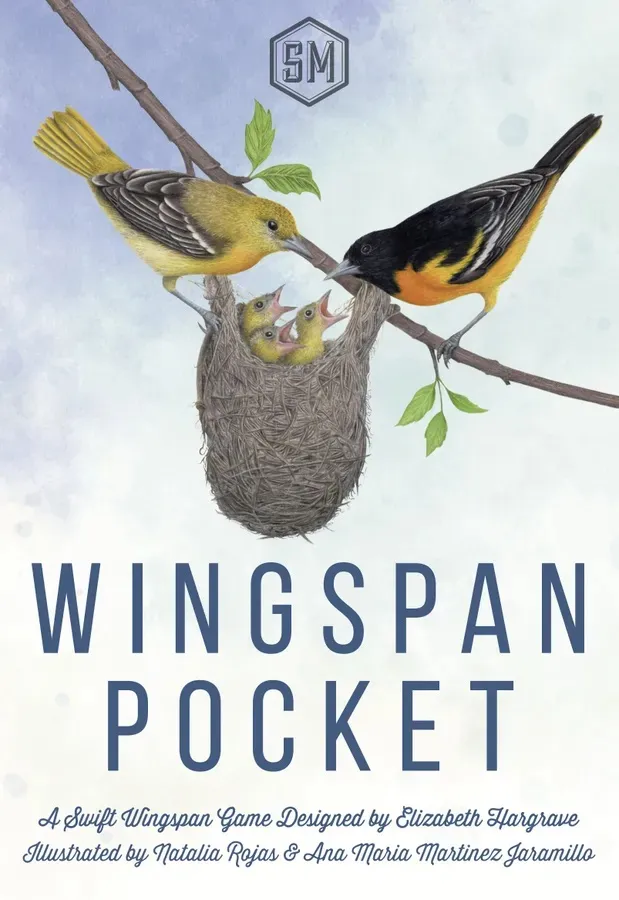 Two birds with yellow and black plumage perch on a thin branch with green leaves. They feed three open-mouthed yellow chicks in a woven, hanging nest. Below, the text "WINGSPAN POCKET" is displayed in large, bold, blue letters.