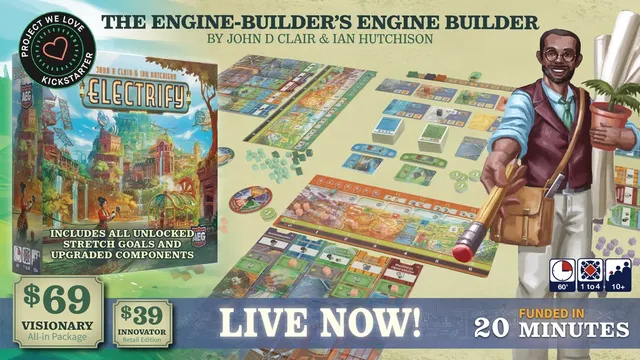 Man holding a potted plant and hammer, game board with cards and tokens, text "FUNDED IN 20 MINUTES"