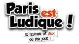 A bold and colorful graphic features the text "Paris est Ludique!" prominently at the top, with playful typography. Below, a white banner reads "le festival de jeux où l'on joue!" against a black background, emphasizing the festival's focus on games. The dates "27-28 juin 20" are displayed at the bottom, indicating the event's schedule.