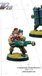 A detailed miniature figure of a commando equipped with a flamethrower, showcasing muscular features and wearing a blue and green outfit. The figure stands on a round base with tufts of grass, and a large backpack containing gas canisters is visible on its back. The image presents the figure from both the front and back, highlighting the flamethrower and the character's rugged design.