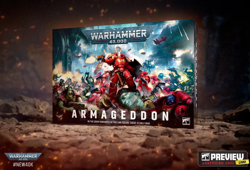 A dynamic box cover for "Warhammer 40,000: Armageddon" features a fierce battle scene between Space Marines and Orks. Prominent in the foreground is a red-armored Space Marine wielding a bolter, while various Ork figures are depicted in aggressive poses. The title "ARMAGEDDON" is displayed boldly at the bottom, accompanied by the tagline "In the grim darkness of the far future there is only war."