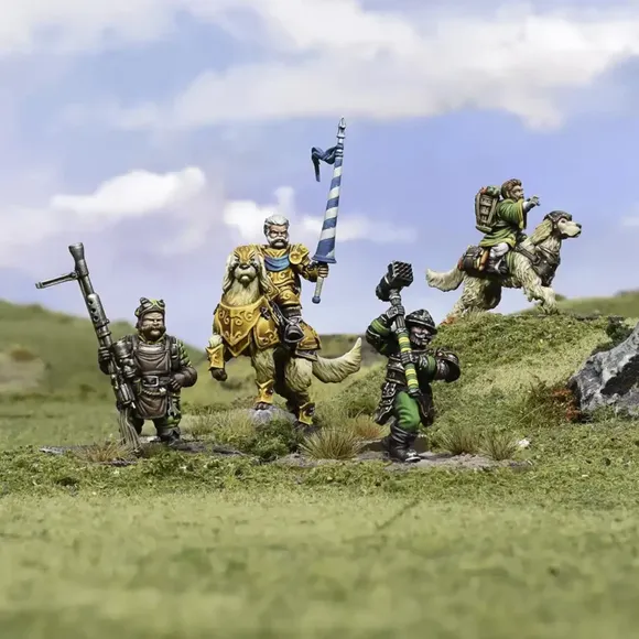 A group of halfling miniatures stands on a grassy terrain, showcasing their unique characteristics. In the center, a halfling in ornate armor rides a large, lion-like creature, holding a blue and white banner. To the left, another halfling wields a spear, while a third, dressed in green, brandishes a hammer. A fourth halfling rides a smaller, dog-like creature, completing the ensemble of pint-sized warriors. The background features a soft blue sky with scattered clouds, enhancing the whimsical atmosphere.