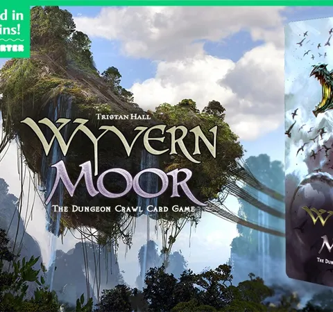 "Wyvern Moor Dungeon Crawl Card Game" book cover and floating island landscape.
