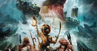 A group of armored warriors on a stormy battlefield, one holding a lantern aloft. A damaged ship with a red flag bearing a skull and crossbones flies overhead. Text at bottom reads: "GRIM AND PERILOUS ADVENTURE AT THE THRESHOLD OF THE EMPIRE."