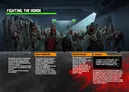 Dark, dimly lit room with a large group of zombies in various states of decay. Text at top reads "FIGHTING THE HORDE." Three boxes with text: "HEAVY WEAPONS," "Horde’s HP determined by number of zombies," and "Horde Damage."
