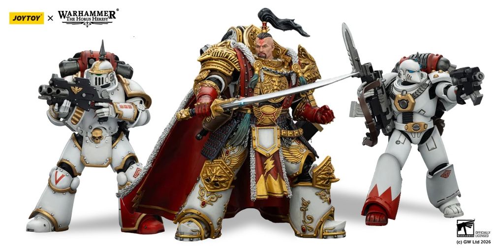 A detailed action figure of Jaghatai Khan stands on the right, adorned in ornate armor with intricate gold detailing, holding a sword. To the left, a Tactical Marine in Mk III power armor is posed with a firearm, featuring a skull motif and a red backpack. Both figures are set against a simple background, showcasing their impressive craftsmanship and articulation.
