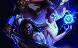 Fantasy heroes in dark setting, glowing orb, sword, owl-like creature, masked figure.