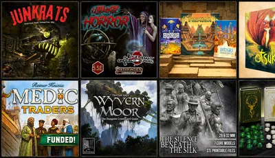 Four tabletop game box covers: Ultimate Horror, Mexico, Wyvern Moor, The Silence Beneath the Silk.